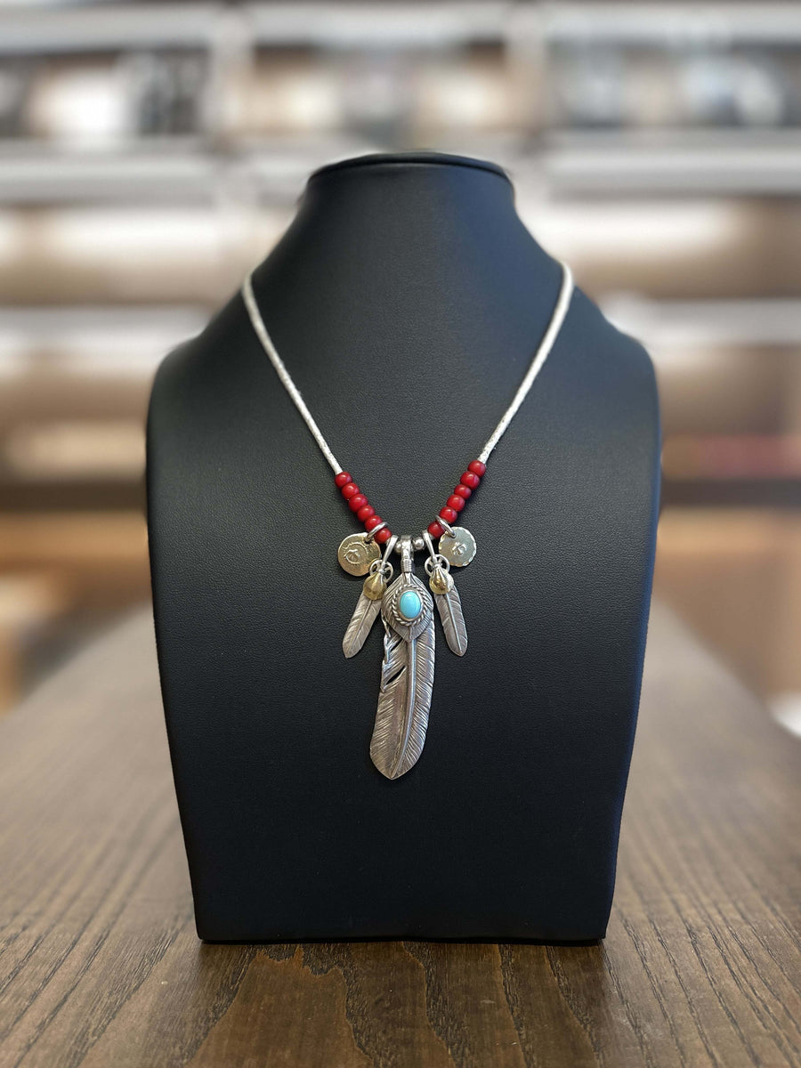 goro's Setup | Turquoise Feather with Red Beads Leather Cord