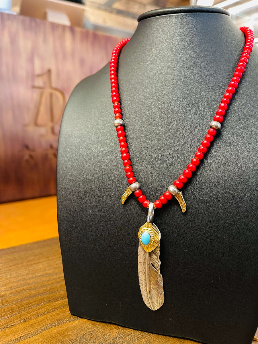 Goros Gold Top Gold Rope Turquoise Feather (Right) (XL) & Antique Red Beads Setup - 50 cm