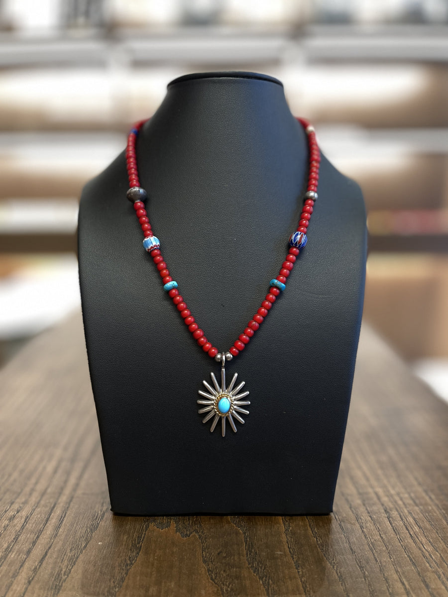 goro's Gold Rope Turquoise Sea Urchin Antique Red Beads Setup
