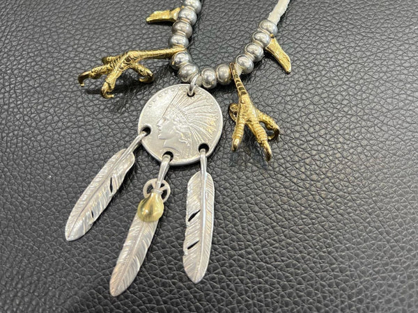 goros three hanging feathers pendant setup with white silver beads and silver wheel with k18 gold and eagle hook and eagle head beads and gold claw right left