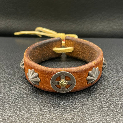 goros DELTAone International Leather Bracelet with Silver Wheel with K18 Gold Concho Saddle 61139a 1