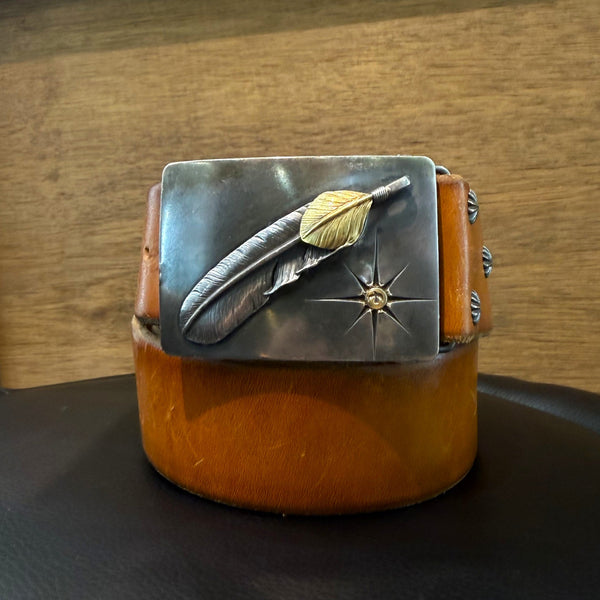 goro's | 4cm Movable Gold Top Feather Buckle Belt (Saddle) / Very Rare **size 85/87.5/90cm