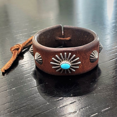 goros DELTAone International Leather Bracelet with Sea Urchin Concho with Turquoise Dark Brown 50068a 1