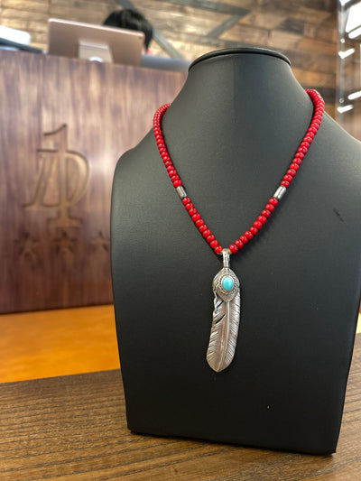 goros Silver Top Silver Rope Turquoise Feather with red beads Setup 1 1